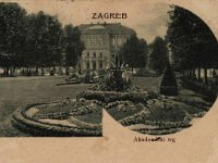 Palača JAZU, pogled na Akademički trg sa Zrinjevca, oko 1902. godine  Razglednica prikazuje pročelje zgrade Hrvatske akademije znanosti i umjetnosti. Ispred zgrade, s obje strane, vidi se drvored i trg s parkom. Radi se zapravo o dijelu Zrinjevca, iako na razglednici piše Akademički trg.